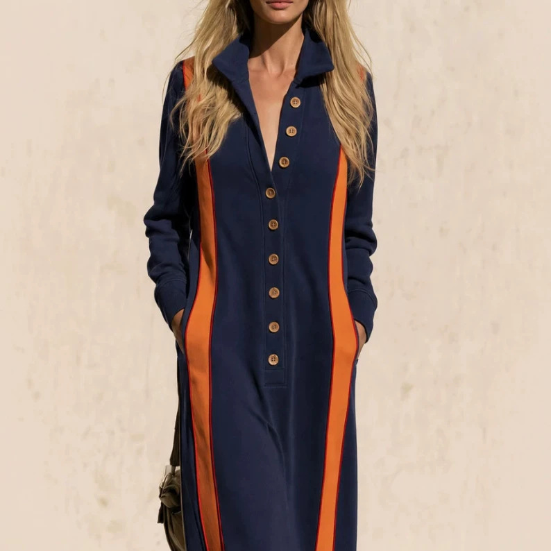 Retro Blue Patchwork Long Sleeve Stand Collar Long Dress