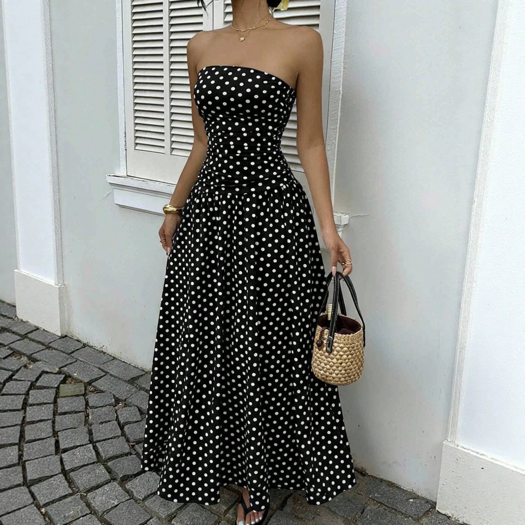 Sexy Off-Shoulder Polka Dot A-Line Dress with Waist-Cinching Slimming Evening Gown