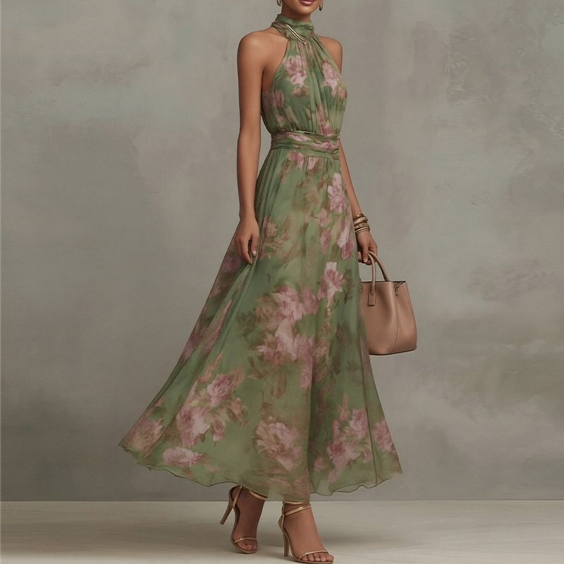 Elegant Floral Print Halter Sleeveless Bodycon Midi Dress