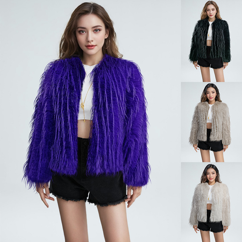 Women's Solid Crewneck Fringe Faux Fur Short Coat