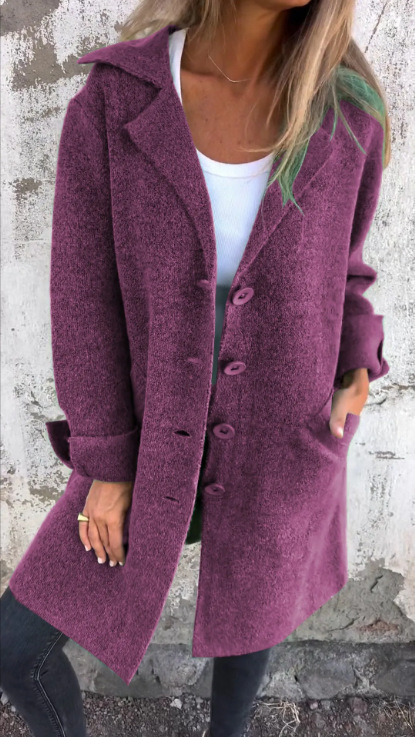 Women's Solid Color Lapel Collar Button-Front Midi Coat with Pockets