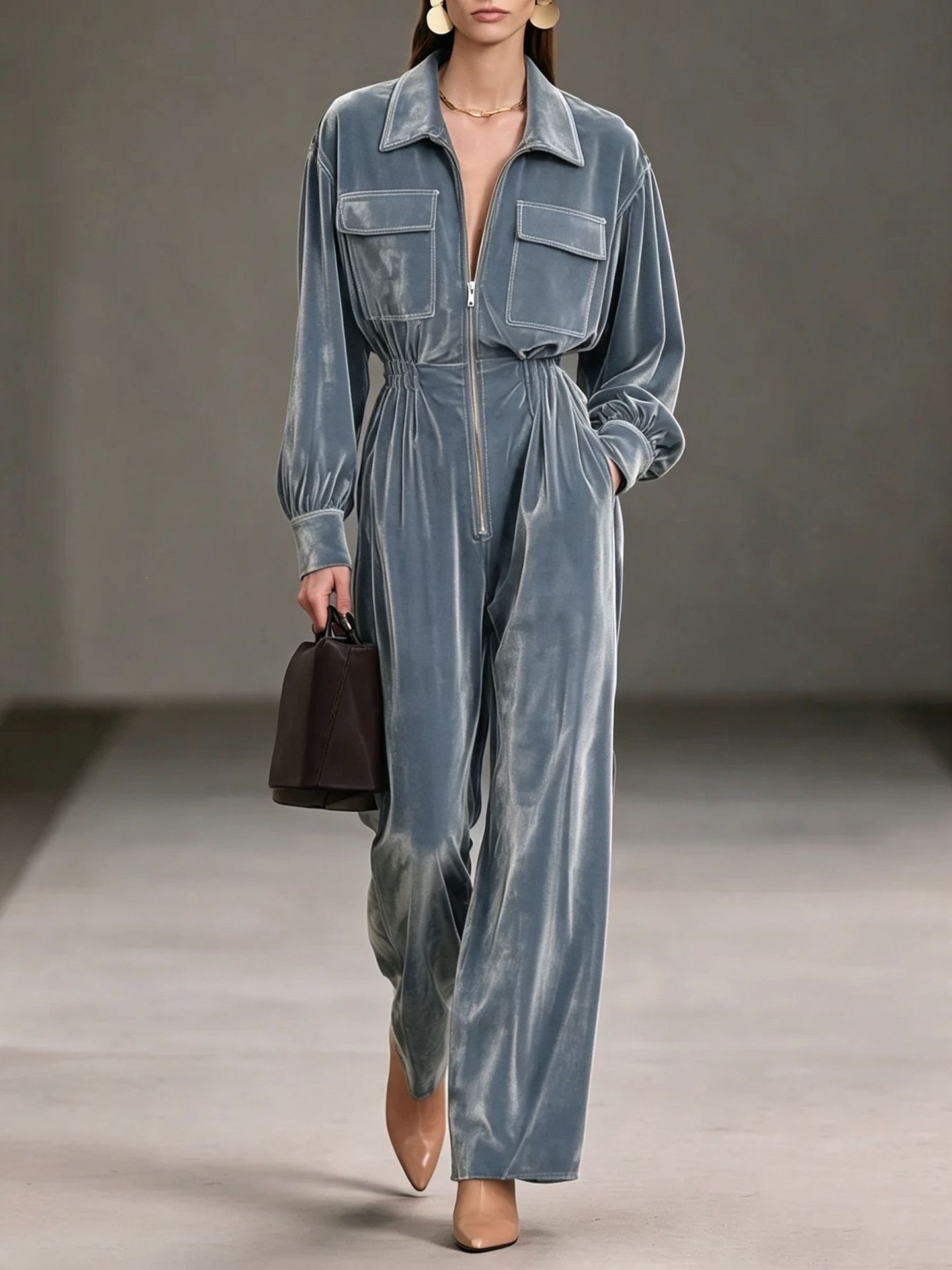 Gold Velvet Jumpsuit with Collar, Lantern Sleeves, Elastic Waist, Wide Leg