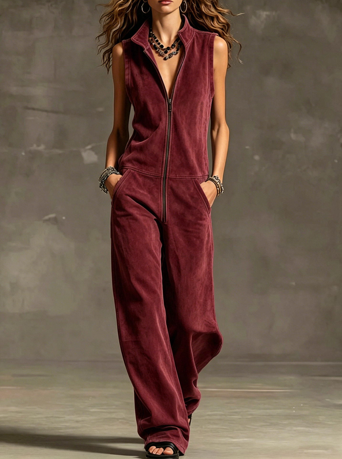 Suede Sleeveless Jumpsuit with Stand Collar, Zip Front & Wide Legs