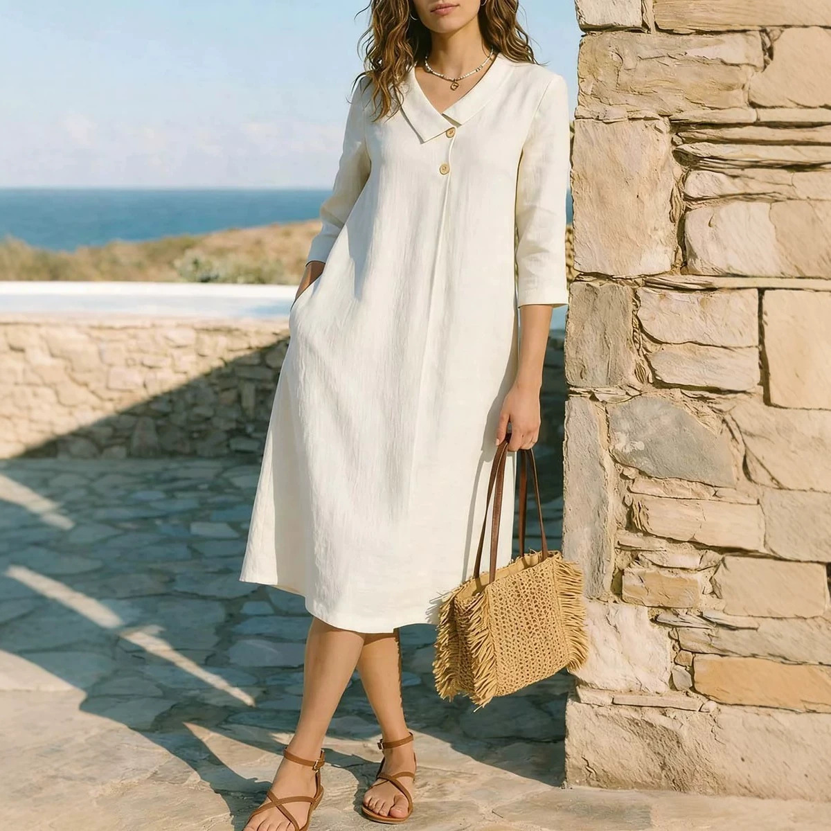 Women's Solid Color French Collar Midi Dress