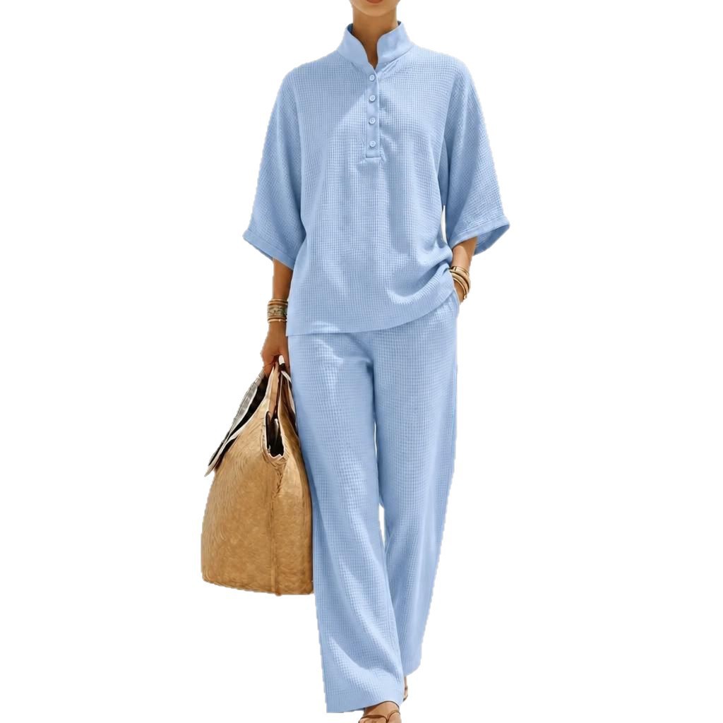 2026 New Casual Loose Stand Collar Set Breathable Waffle Wide-Leg Pants Two-Piece Set European American Best-Seller Women's Clothing