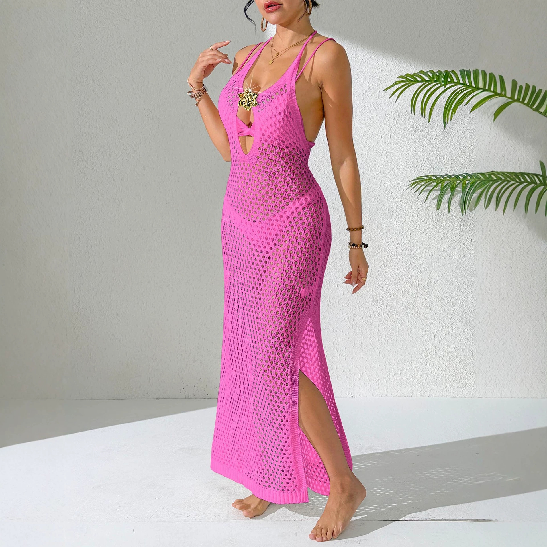 Women's Waist-Cinching Open-Back Knit Dress with Halter Straps, Metal Flower Detail, Cutout, Side Slit