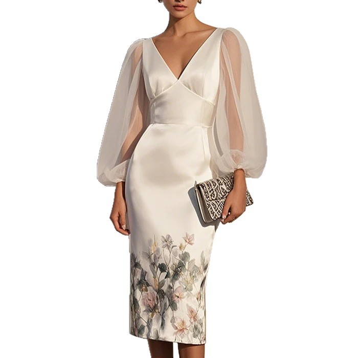 Mesh Panel V-Neck Digital Print Long Dress
