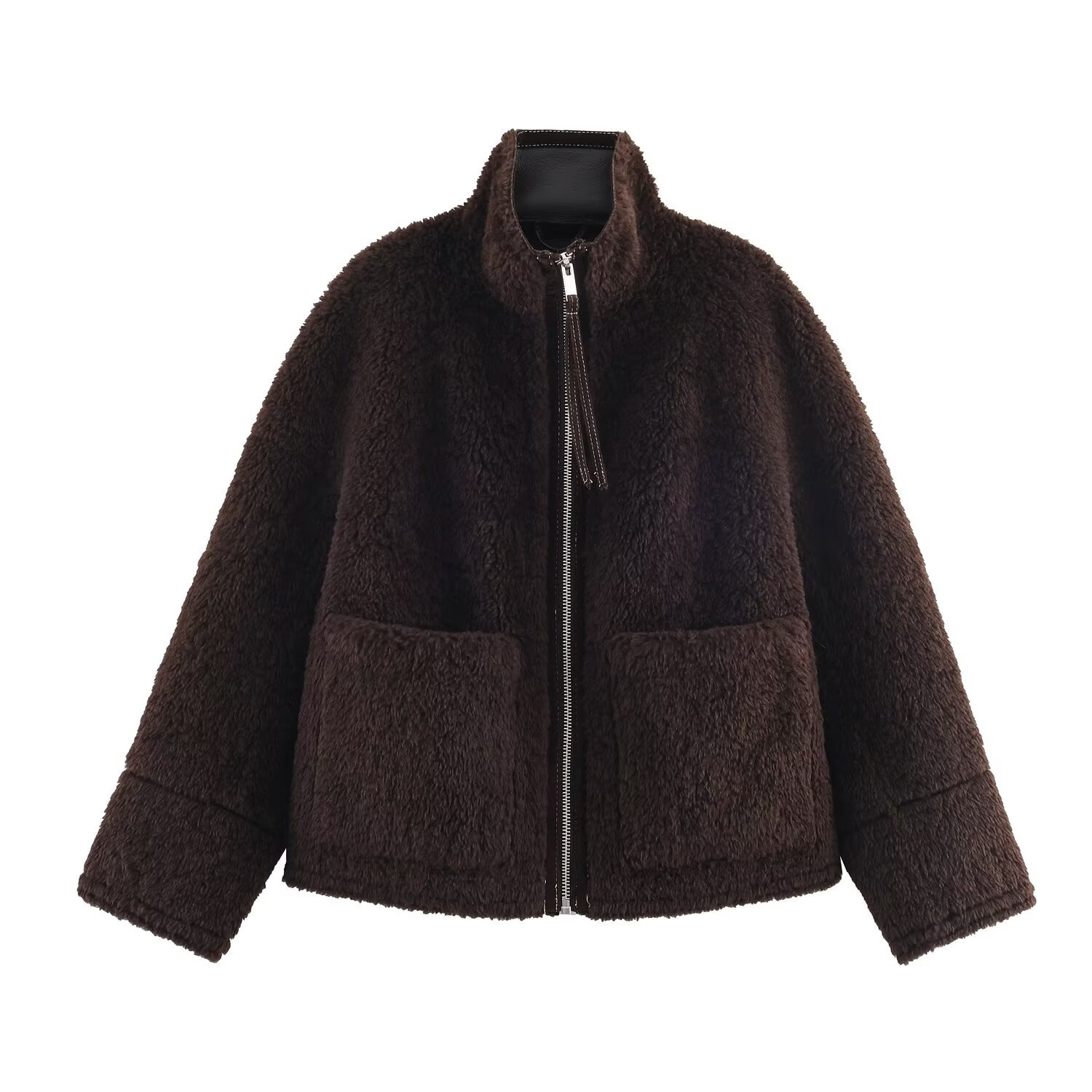 Women's Faux Fur High Neck Long Sleeve Pocket Coat
