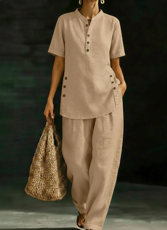 Women's Linen-Blend Button Shirt and Wide-Leg Pants Two-Piece Set