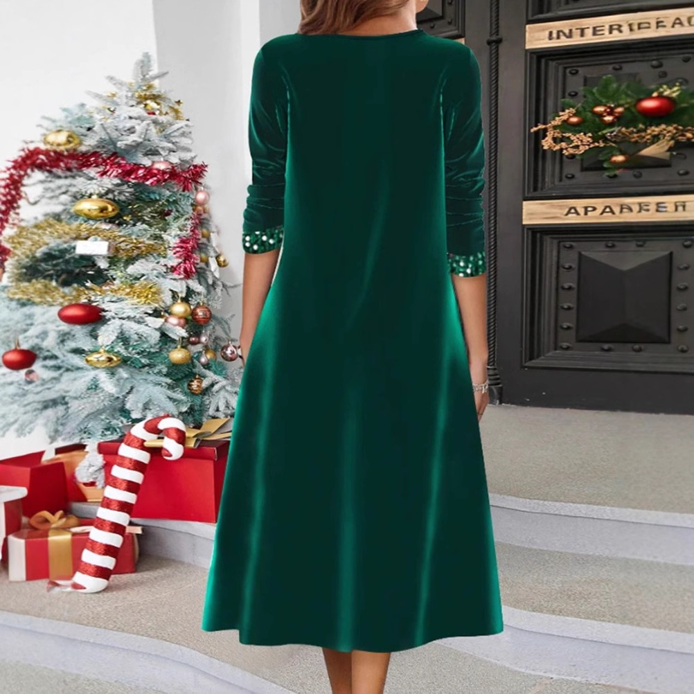 Sequin V-Neck Long Sleeve Midi Dress