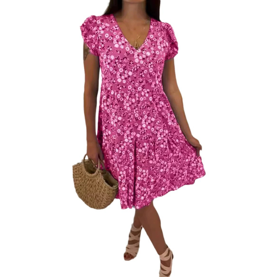 Women's Floral Print V-Neck Short Sleeve Midi Dress