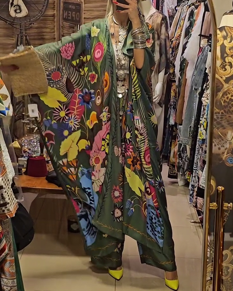 Women's Kimono Print Casual Loose Two-Piece Set