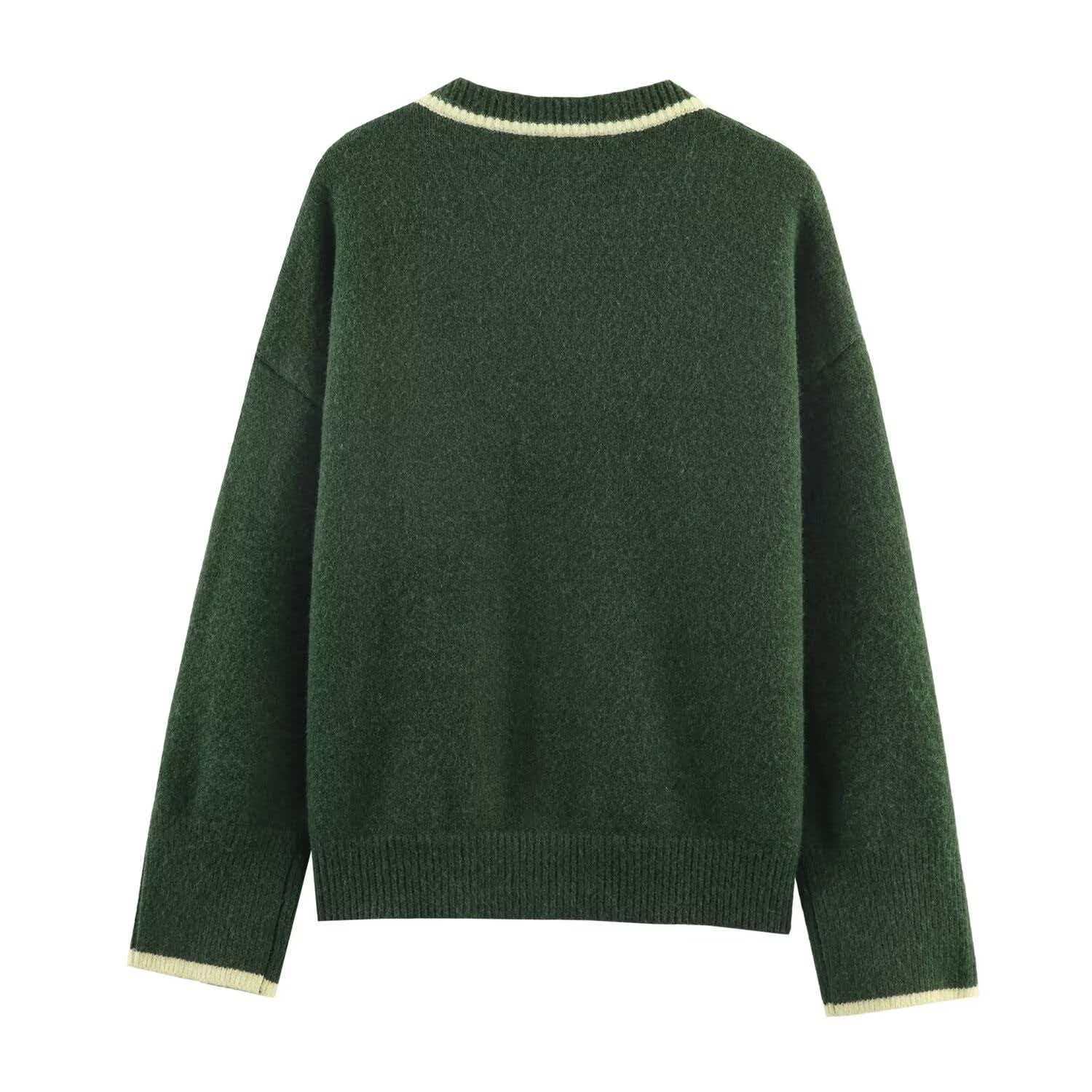 Dark Green Colorblock Trim Knit Cardigan