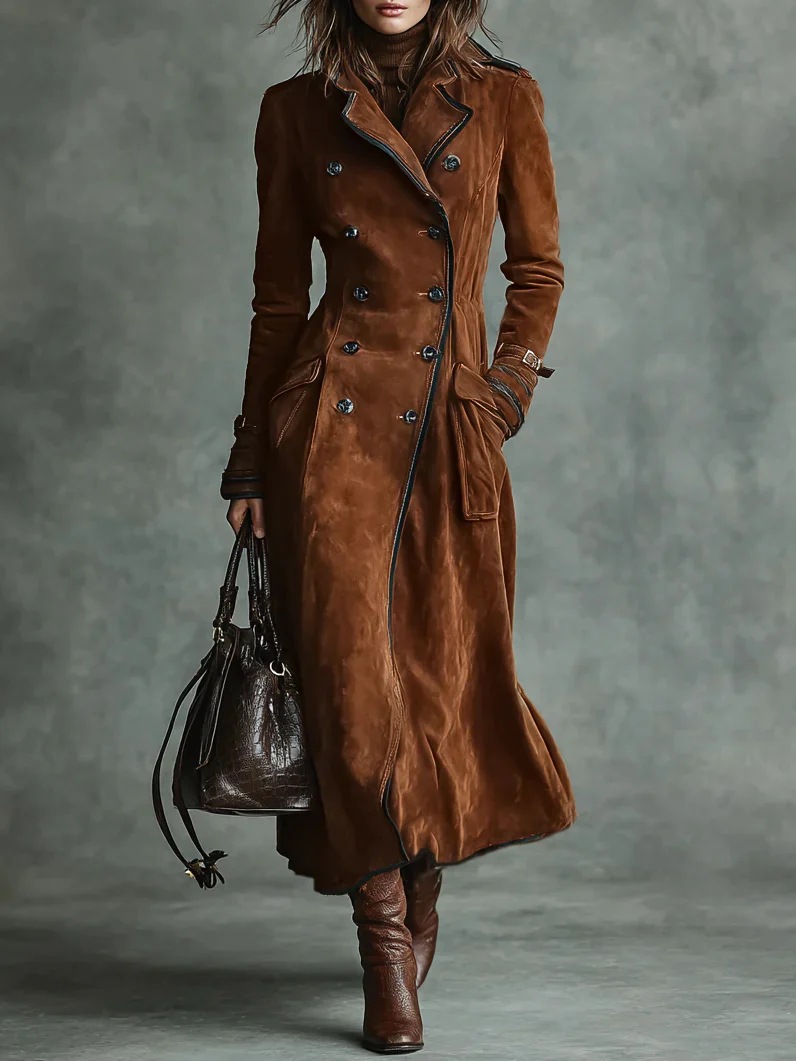 Women's Western Double-Breasted Long Trench Coat with Lapel Collar