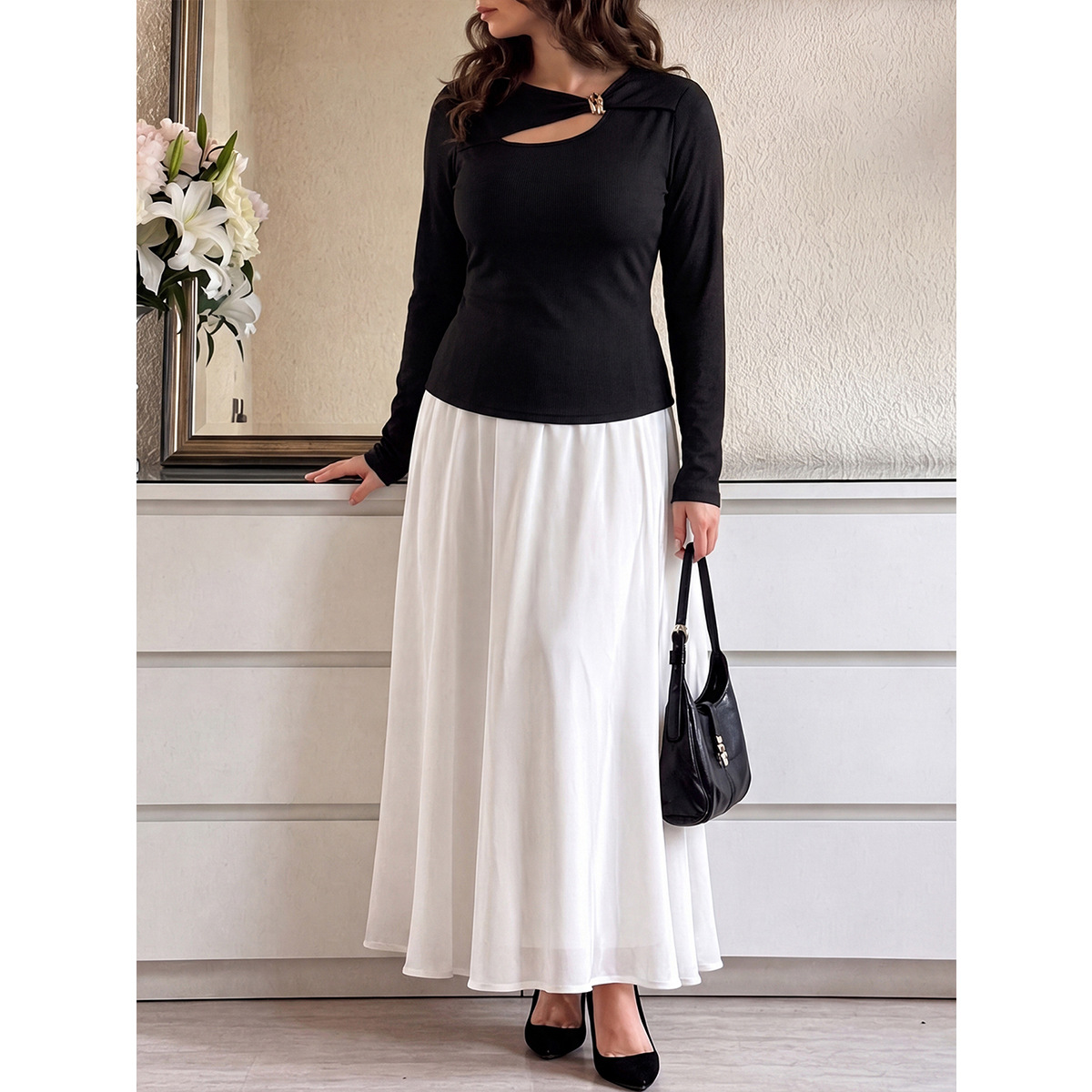 Plus Size Cutout Metal Button Long Sleeve Top & High Waist Midi Skirt Two-Piece Set