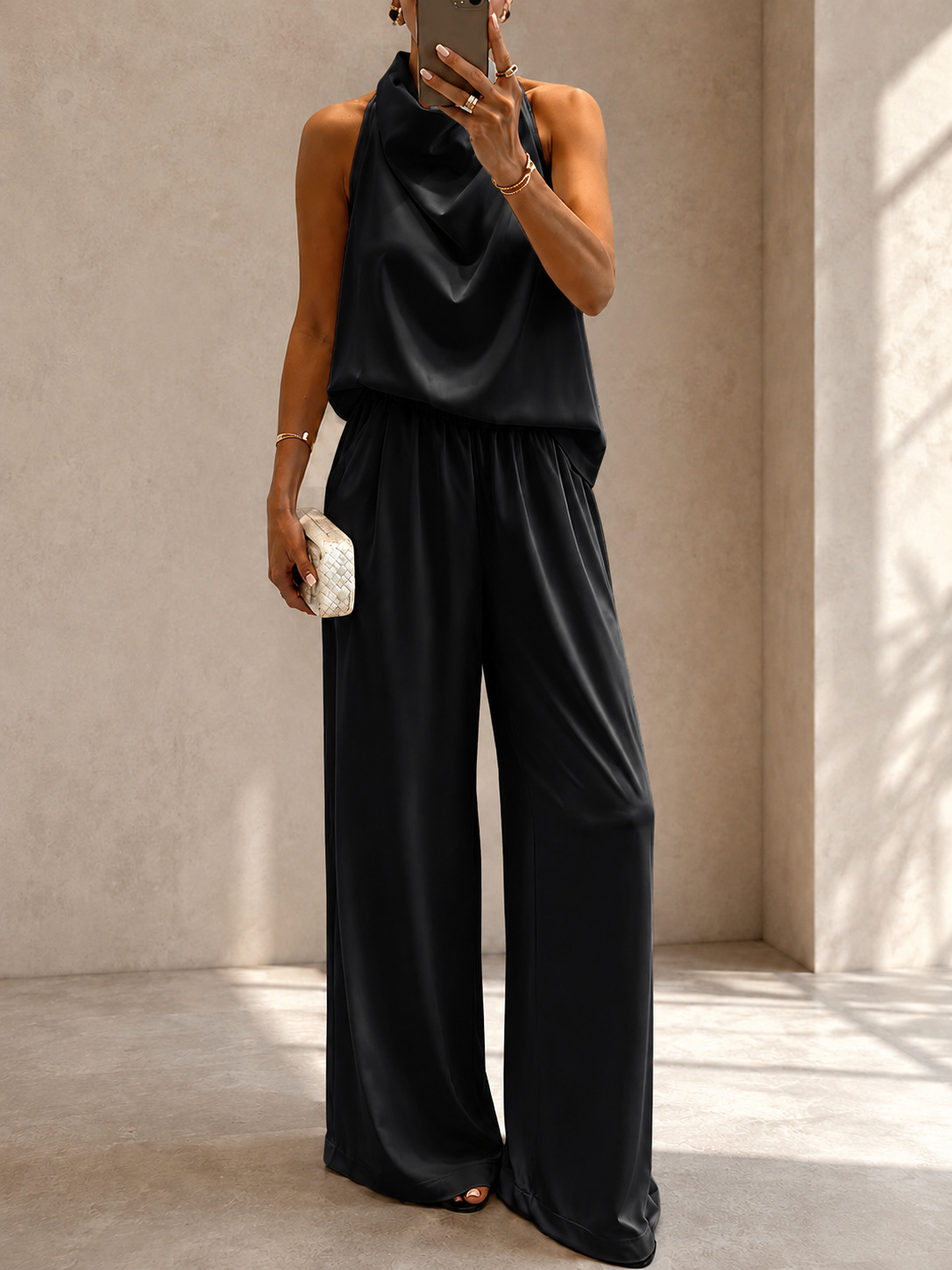 Women's Summer Halter V-Neck Sleeveless Top & High-Waist Wide-Leg Pants Set