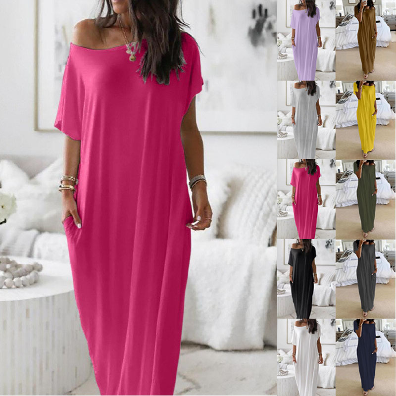 Women's Off-Shoulder Short Sleeve Casual Dress with Pockets