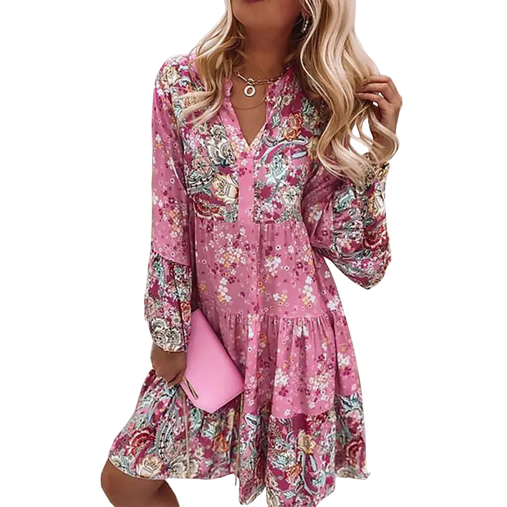 Women's V-Neck Long Sleeve Floral Print Maxi Dress Plus Size