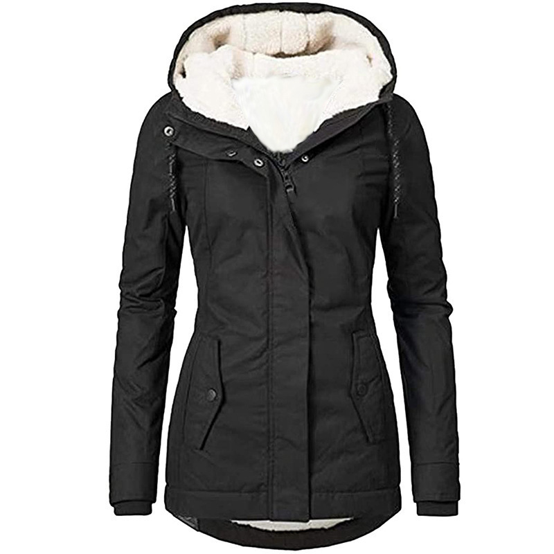 Women's Solid Hooded Zip Fleece-Lined Warm Padded Coat