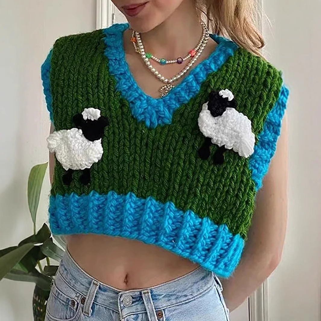 Handmade 3D Sheep V-Neck Loose High-Waist Sweater Vest