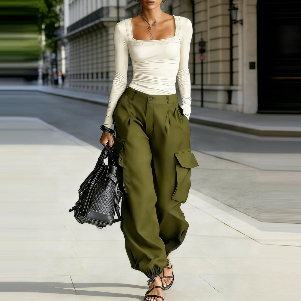High-Waisted Cargo Pants Loose Tapered Solid Casual Pocket Streetwear
