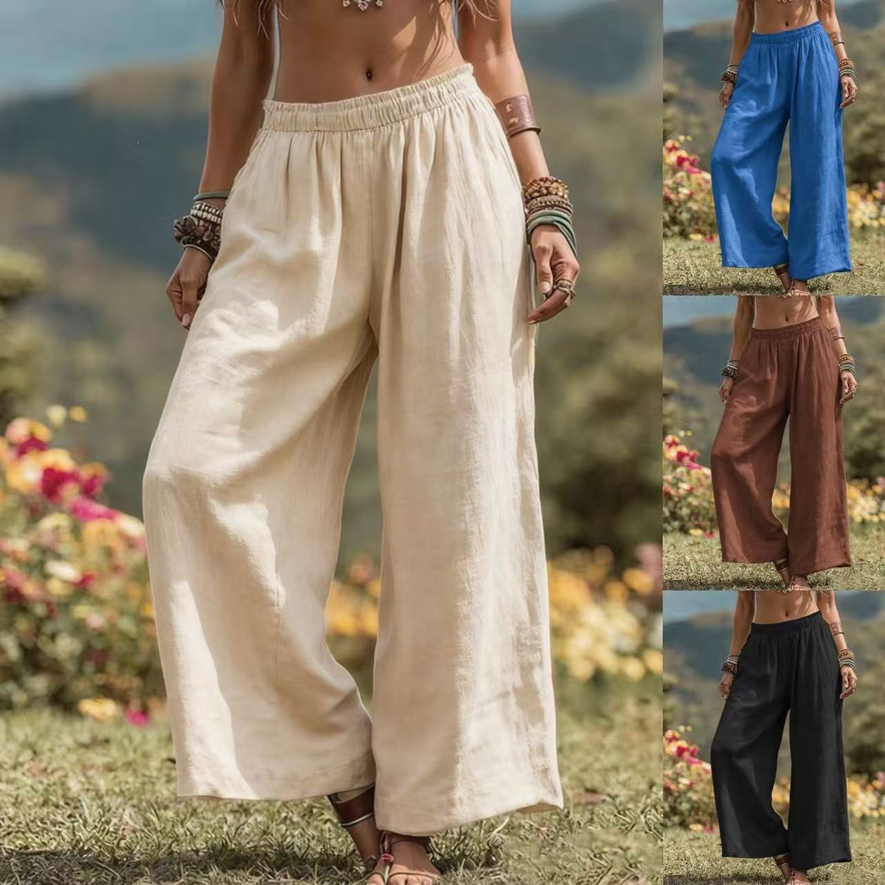 Cotton-Linen Wide-Leg Pants with Full Elastic High Waist