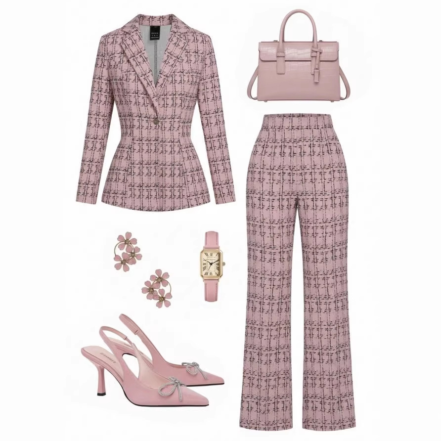 Women's Elegant Plaid Collared Long Sleeve Jacket and Pants Set