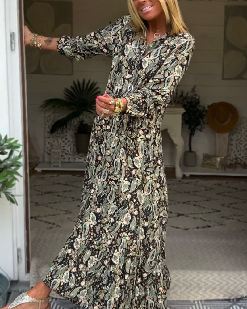Printed V-Neck Long Sleeve Maxi Dress