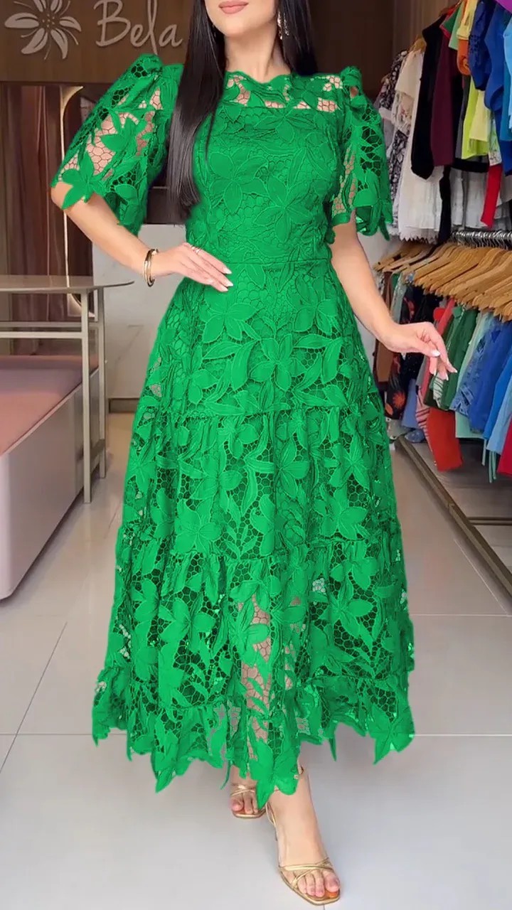 Women's Elegant Round Neck Hollow Lace Dress