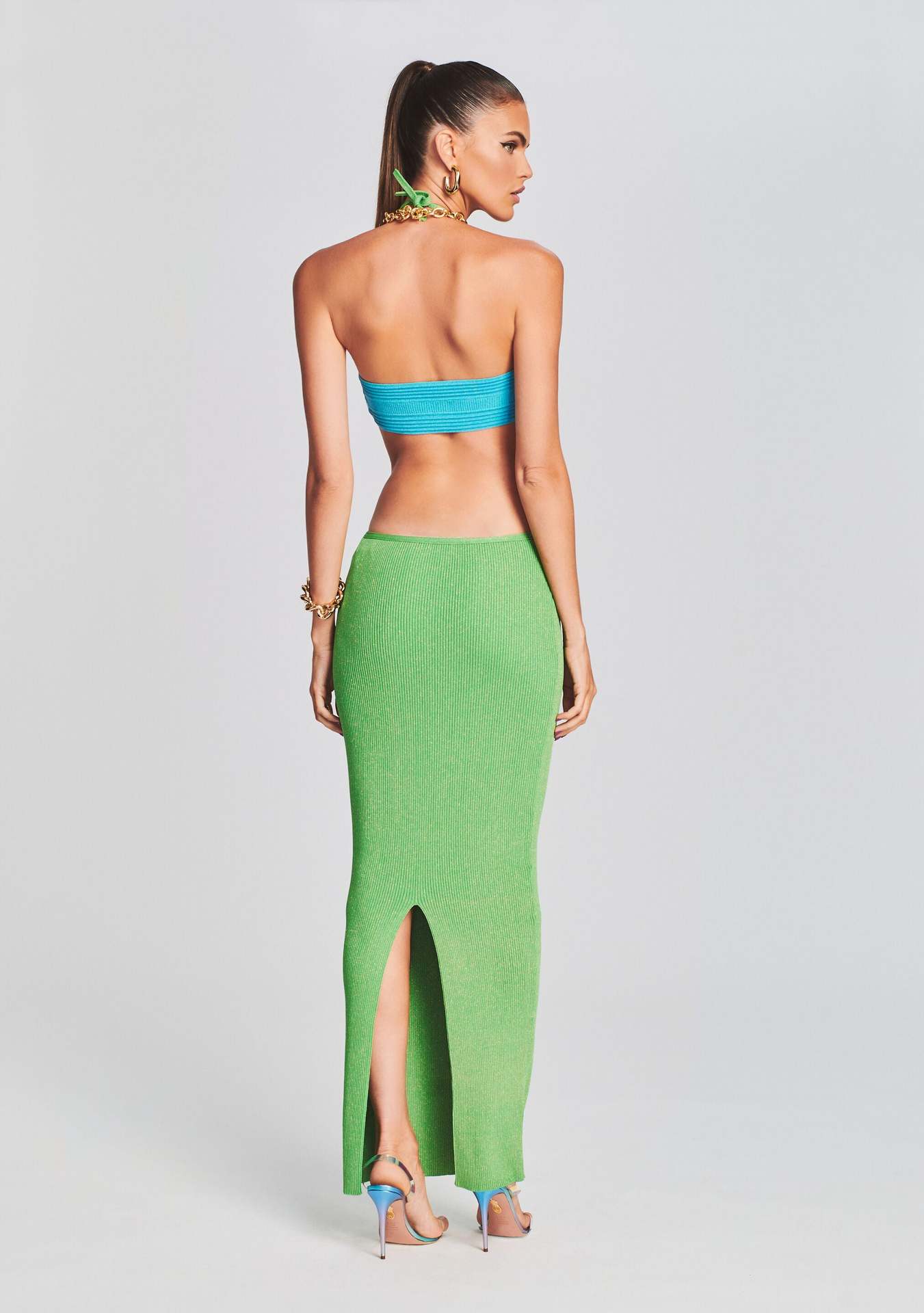 Women's Halter Off-Shoulder Two-Piece Knit Dress with Open Back and Slit