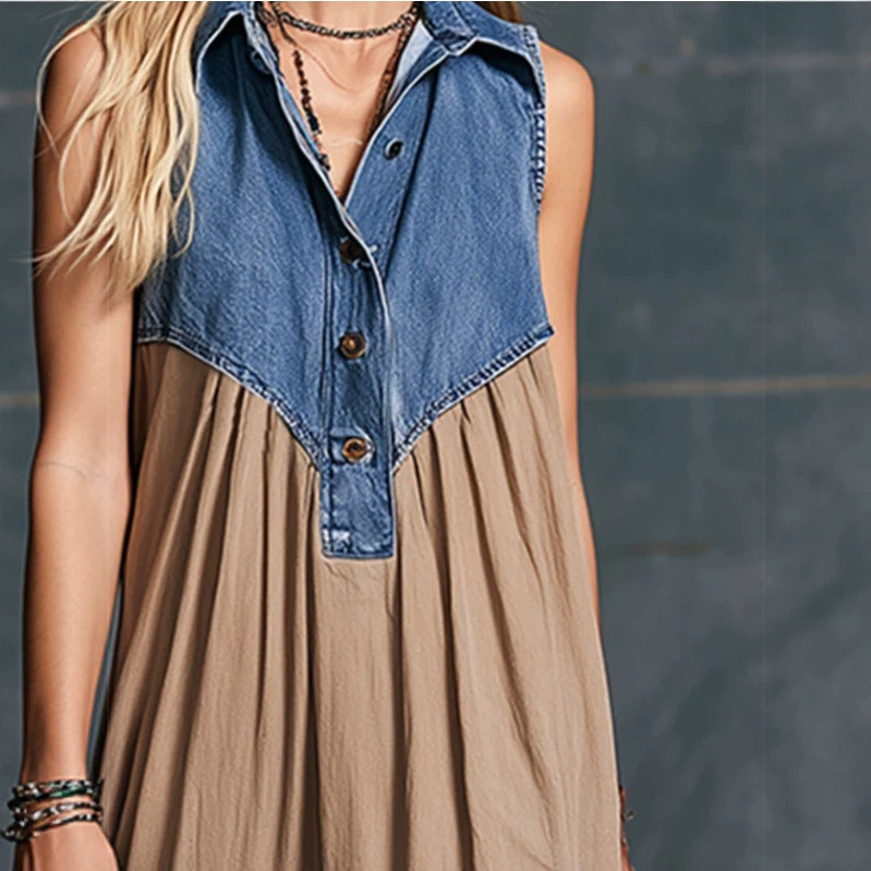 Elegant Blue Denim Patchwork Khaki Long Dress