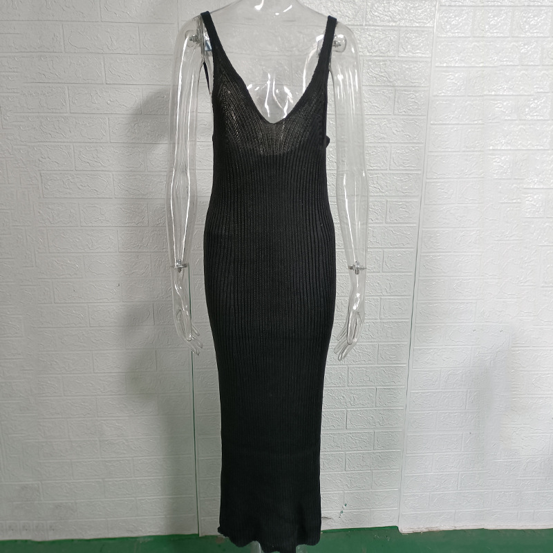 Women's Ribbed Knit Bodycon Midi Dress with V-Neck Spaghetti Straps