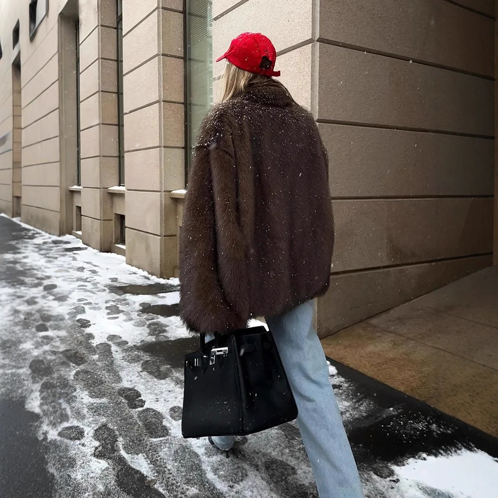 Faux Fur Coat with Fur Collar Warm Women's Fall Winter Outerwear