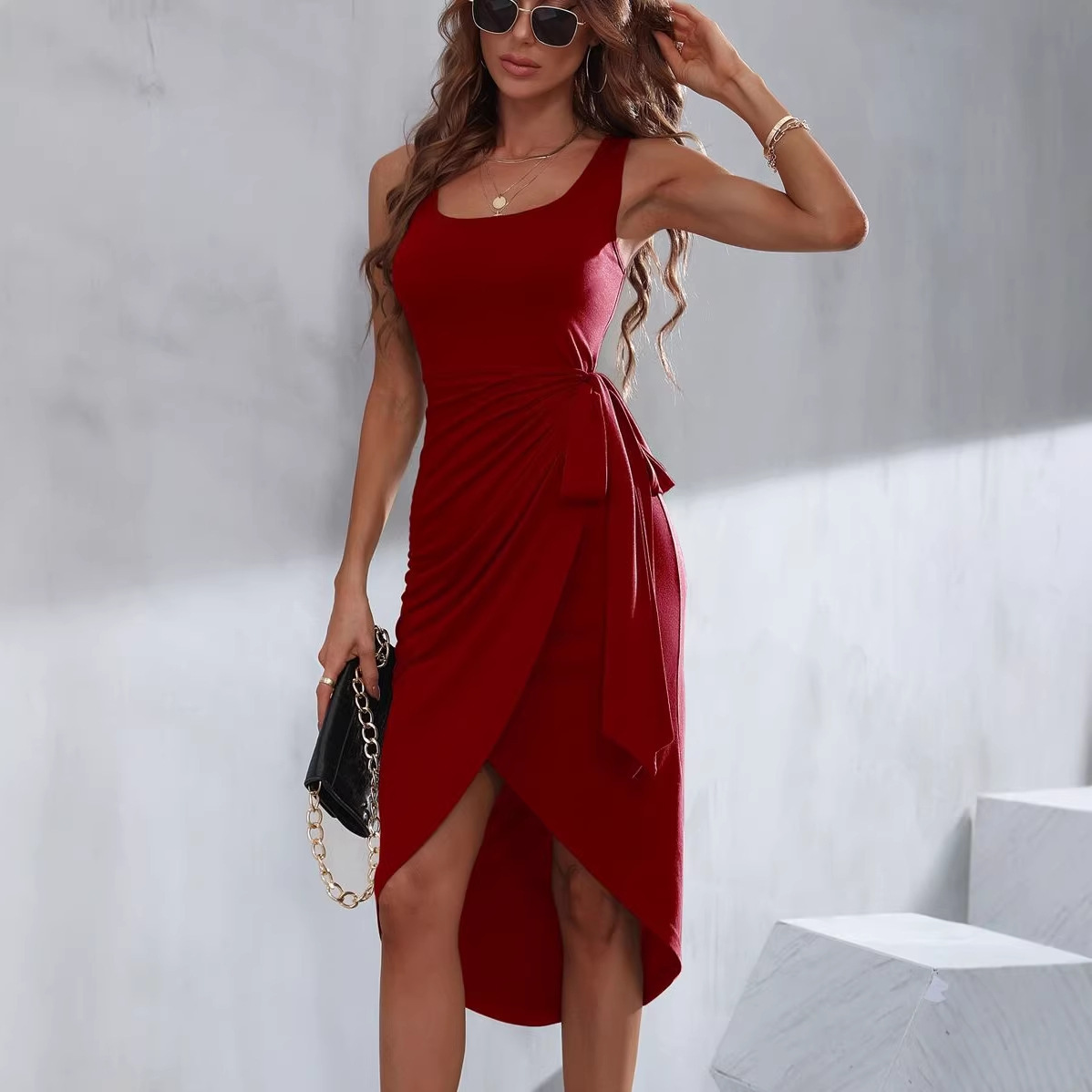 Women's Summer Sleeveless Square Neck Tie Strap Split Midi Dress Irregular Solid Color