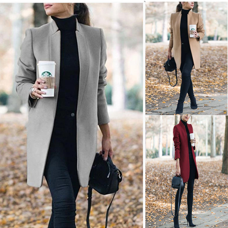 Women's Solid Color Stand Collar Woolen Coat