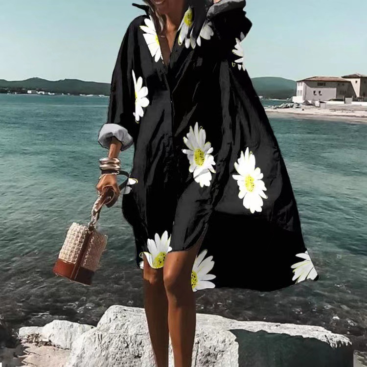 Women's Loose Digital Print Long Sleeve Collared Shirt Dress