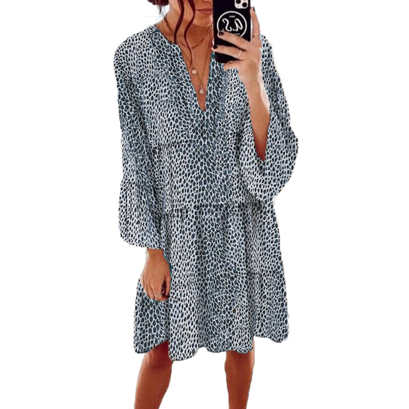 Leopard Print V-Neck Long Sleeve Pleated Midi Dress