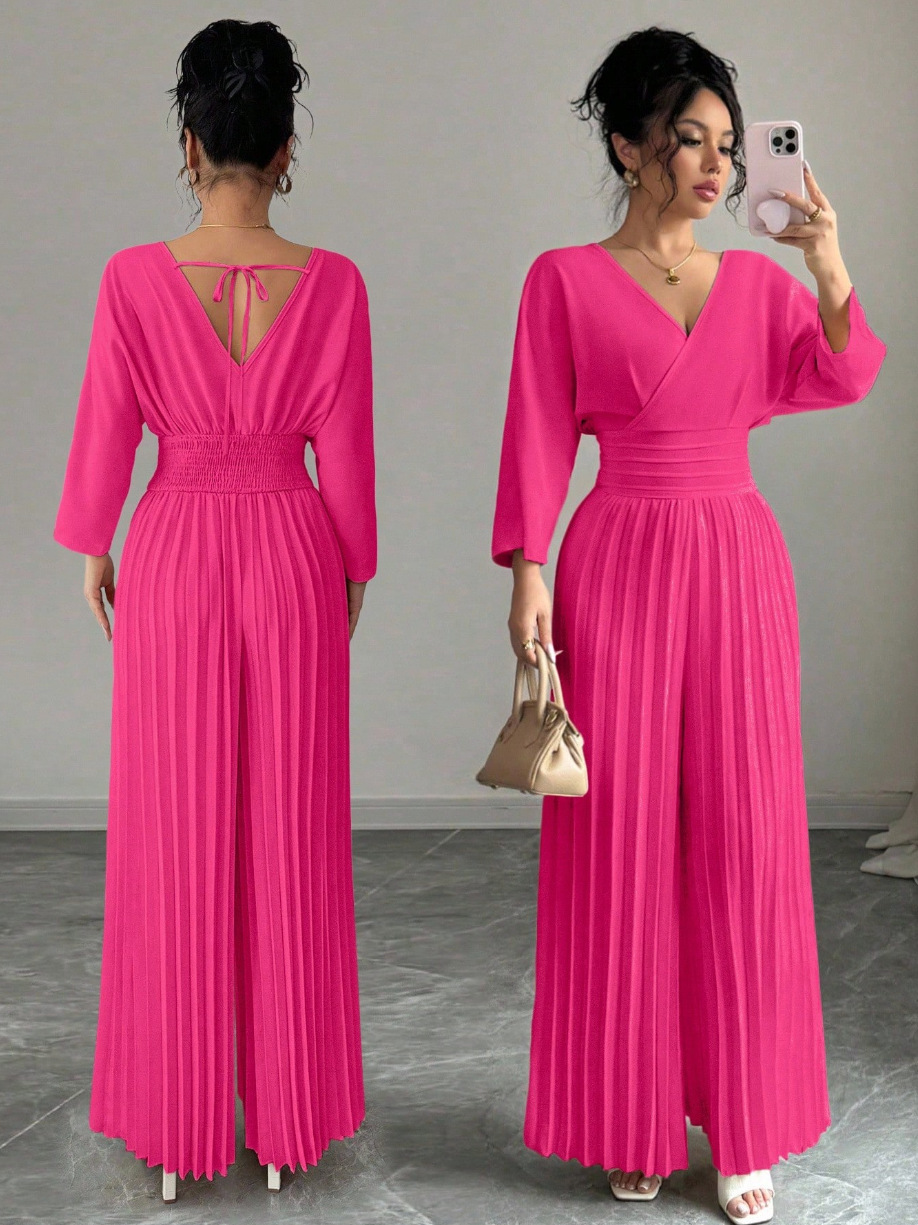 Elegant Solid V-Neck Pleated Waist-Defining Wide-Leg Jumpsuit