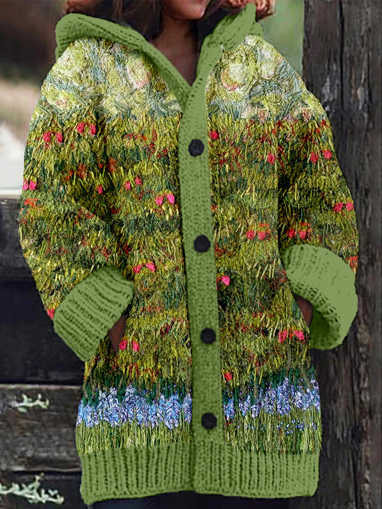Women's Floral Ghost Print Hooded Button Cardigan Sweater