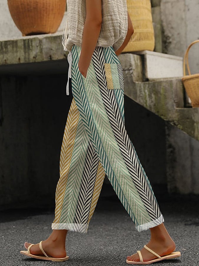 Women's Striped & Floral Print Straight-Leg Casual Pants
