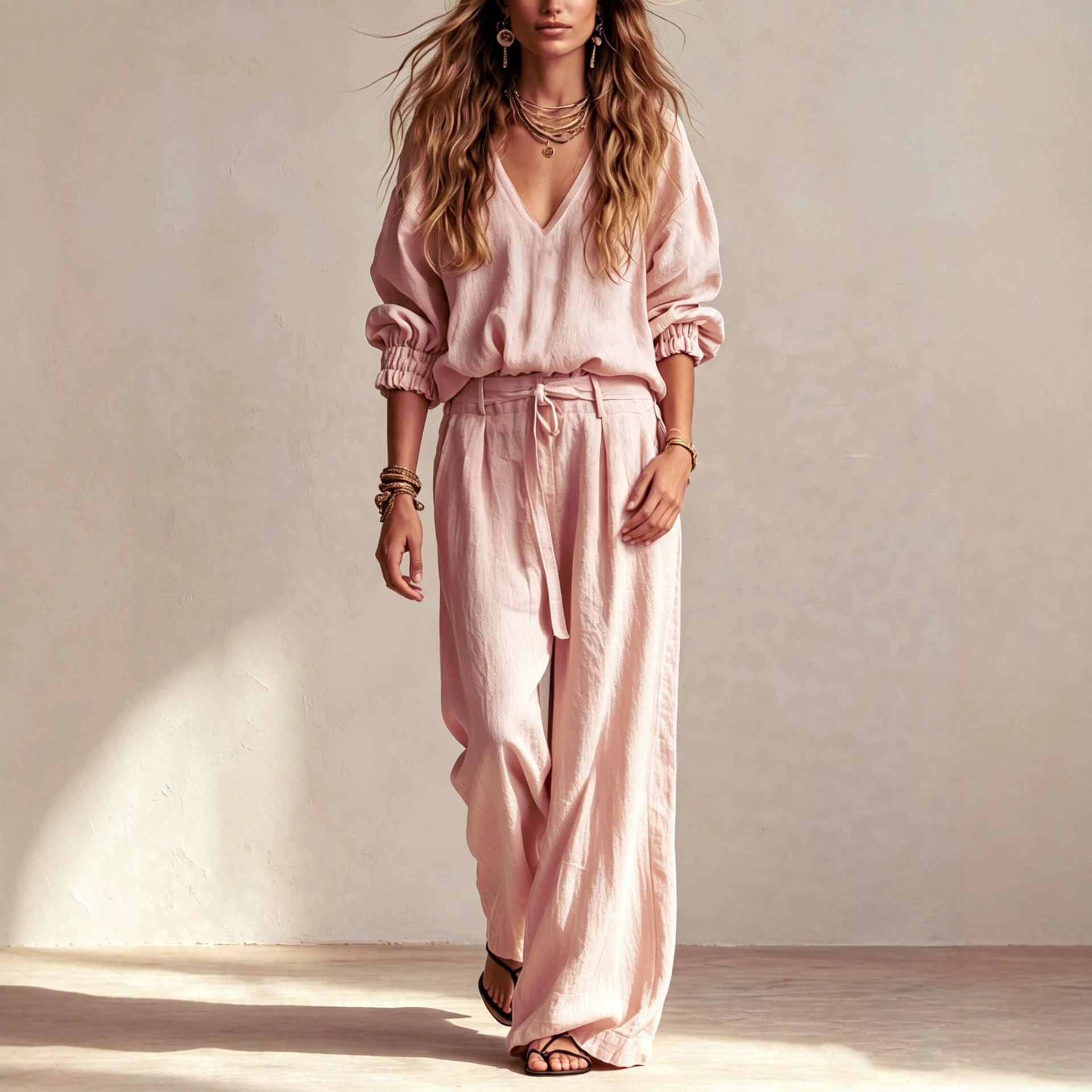 Women's Casual Two-Piece Set Loose V-Neck Top & Wide-Leg Pants with Belt