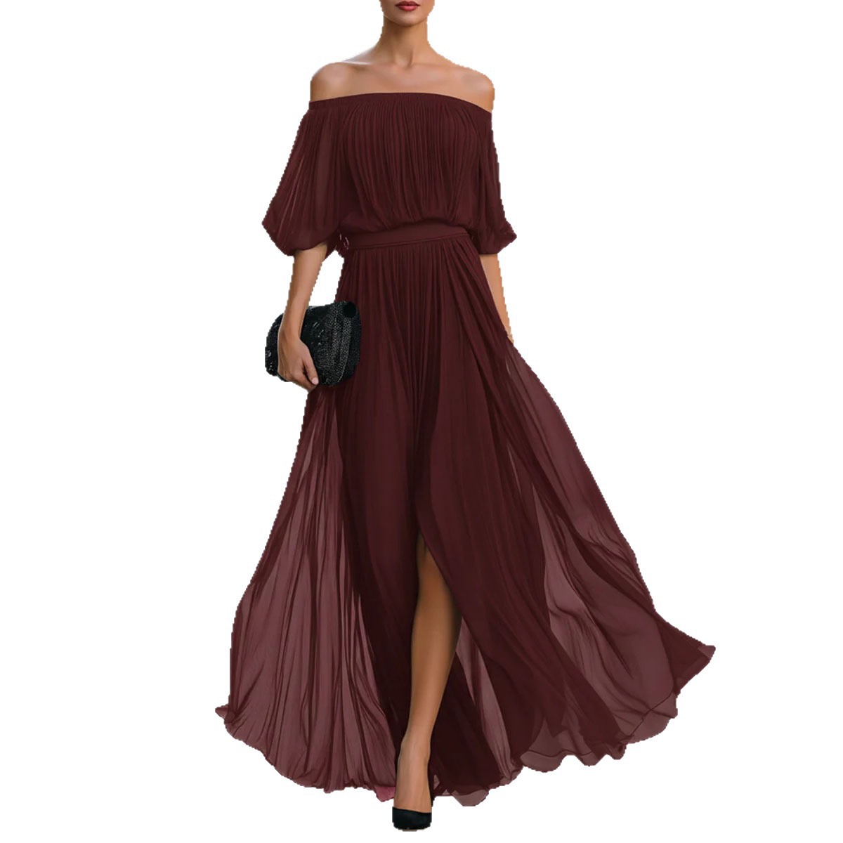 Off-Shoulder Ruched Solid Color Long Dress
