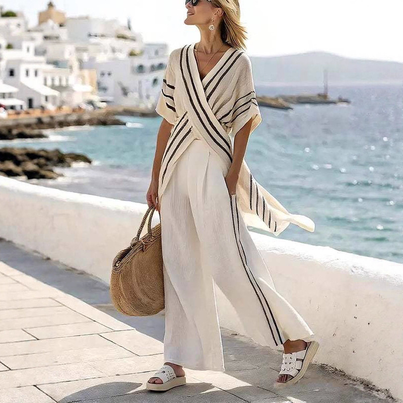 Women's Striped Cross Top & Wide-Leg Pants Set Casual Loose Fit