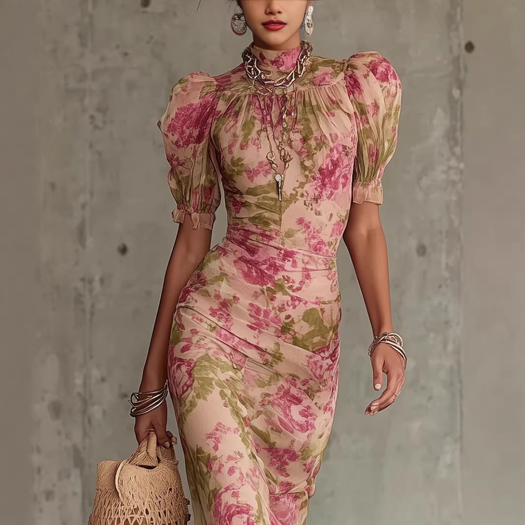 French Puff Sleeve Floral Print Pleated Bodycon Maxi Dress