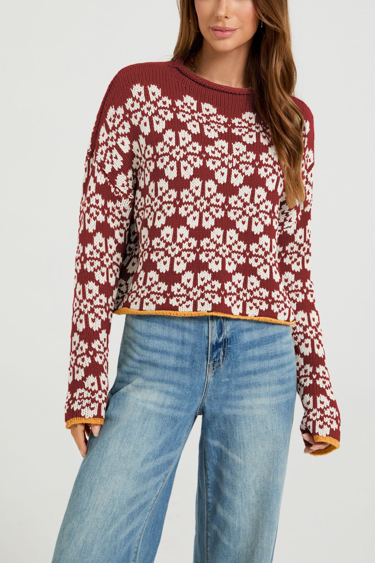 Loose Knit Jacquard Crewneck Sweater