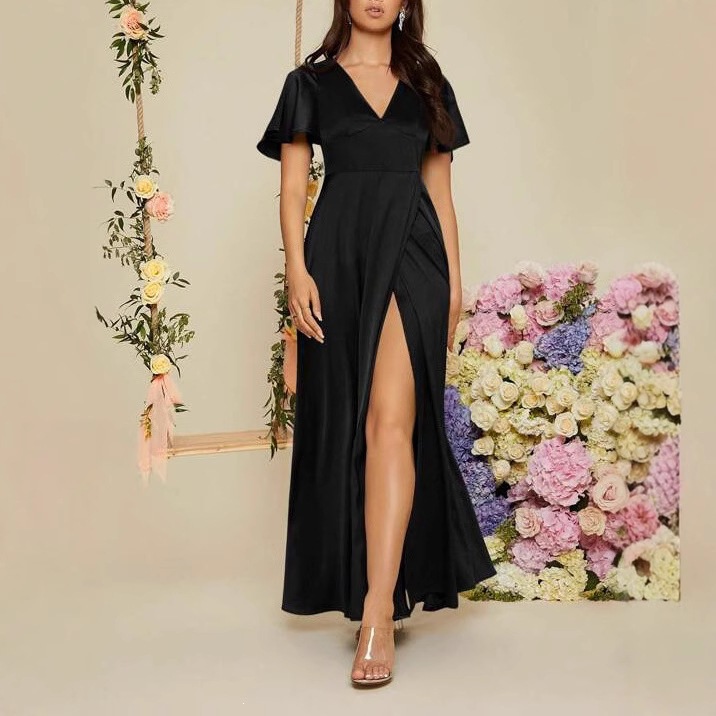 Women's Solid V-Neck Short Sleeve High Waist Long Dress
