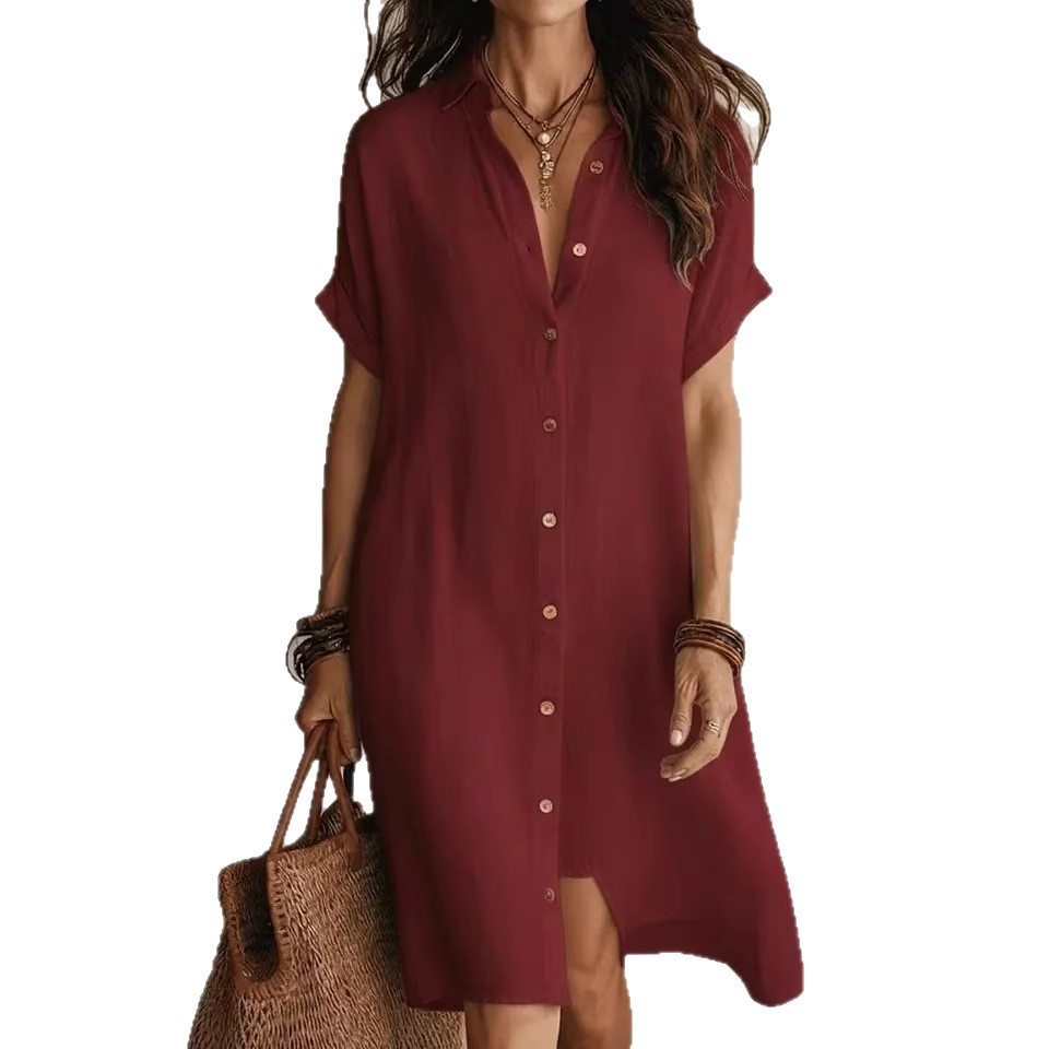 Women's Cotton-Linen Shirt Dress Short Sleeve Button Midi A-Line
