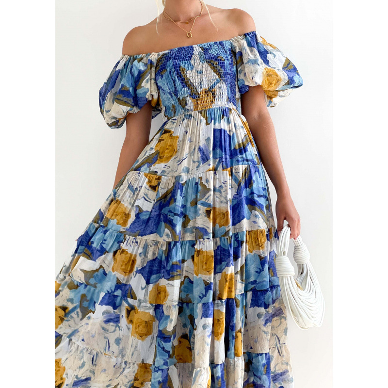Square Neck Lantern Sleeve High Waist Off-Shoulder Loose Long Dress