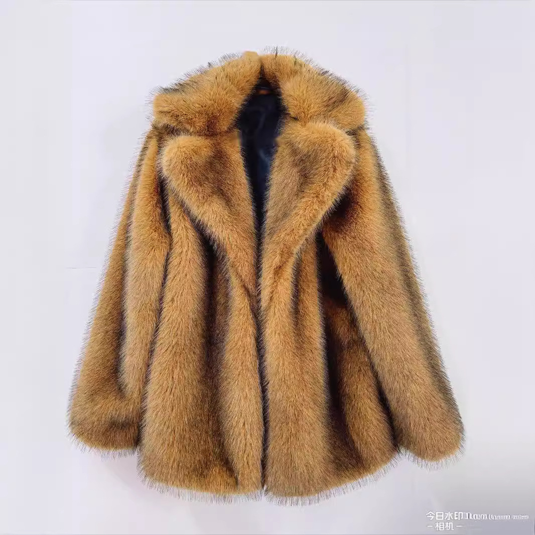 Faux Fur Mid-Length Coat with Faux Fur Collar, Elegant Warm Outerwear