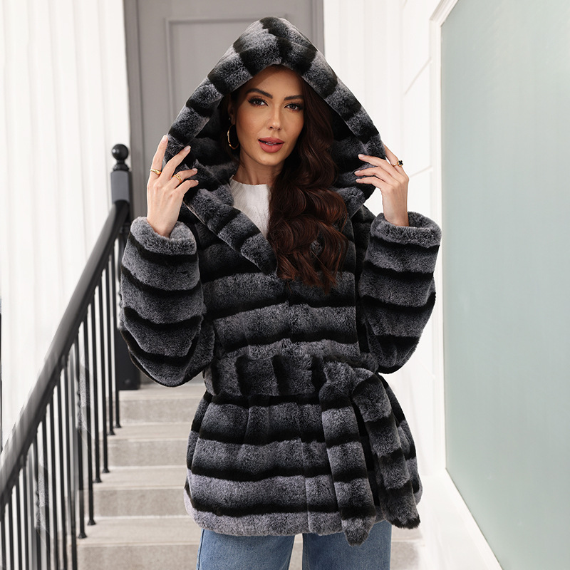 Women's Faux Fur Belted Hooded Coat Winter